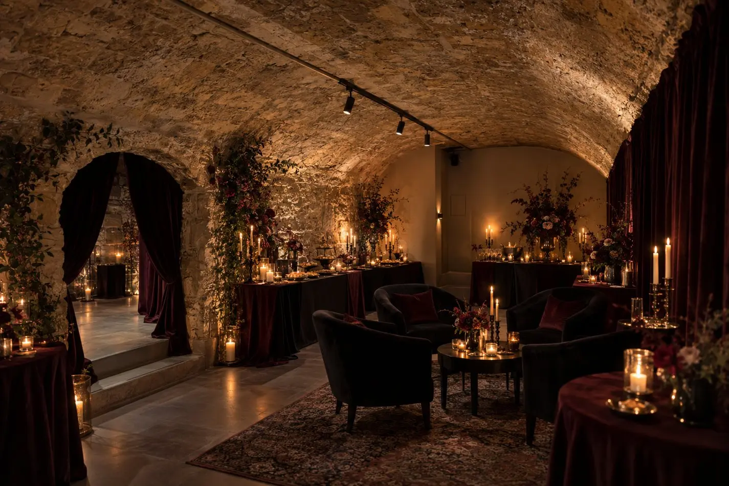Un salon voûté de pierre, éclairé à la bougie, aux couleurs de Veleria